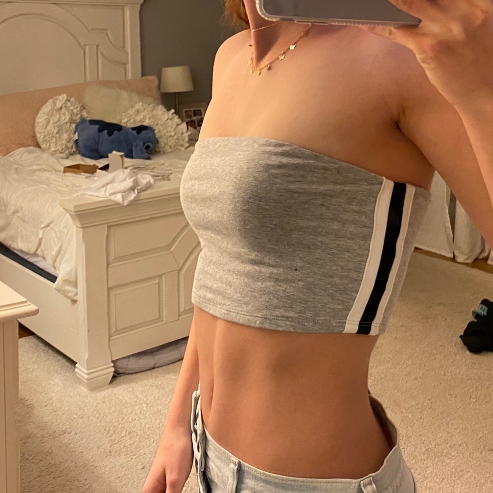 grey tube top with black and white stripe